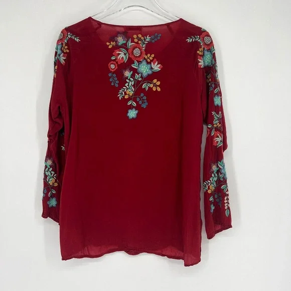 Johnny Was Top Women S Red Embroidered Floral Boho Hippie Peasant Western - Picture 2 of 8